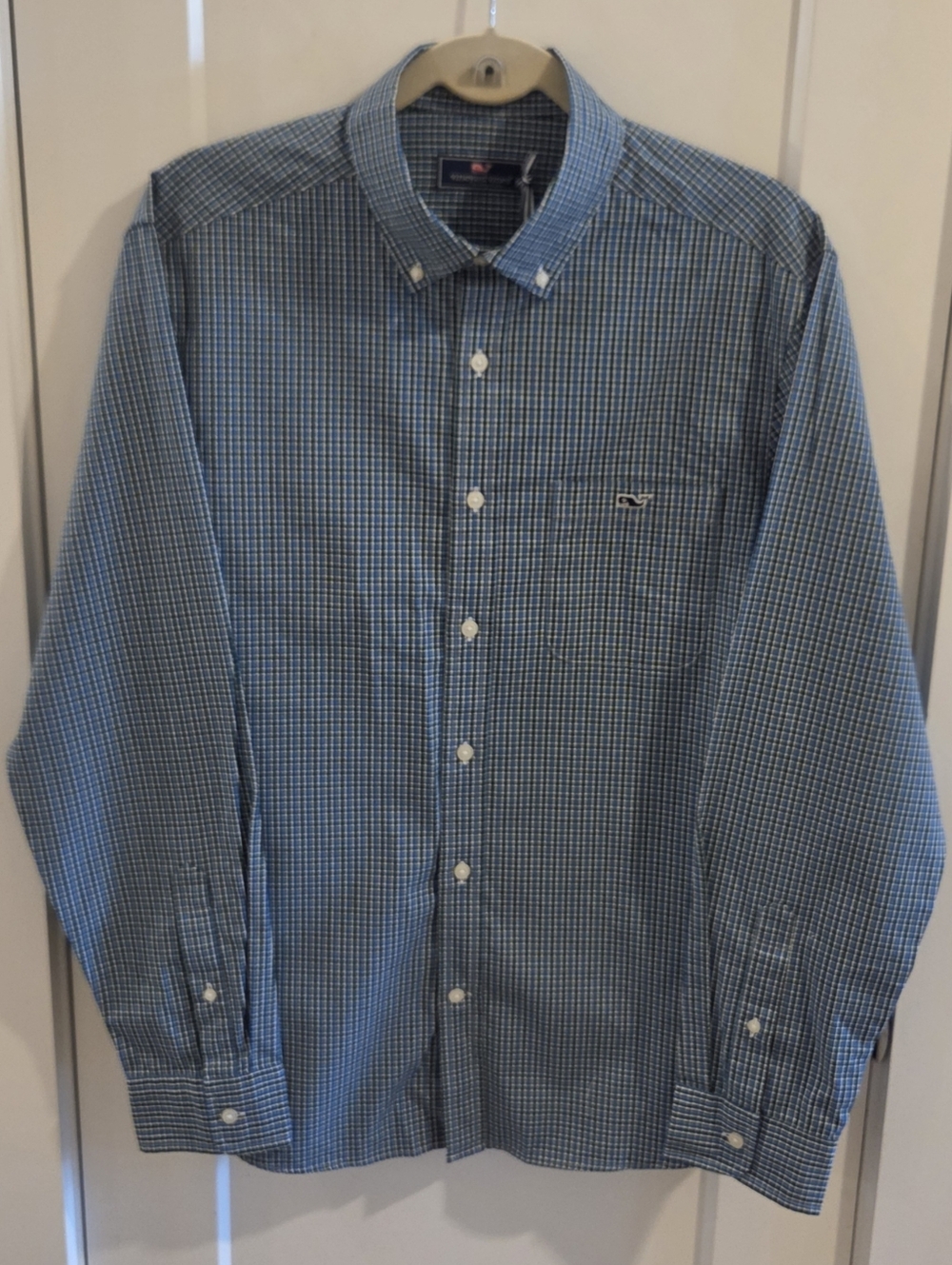 NWT Vineyard Stretch Cotton Button-Down Poplin Shirt - Size Medium - Check Hull